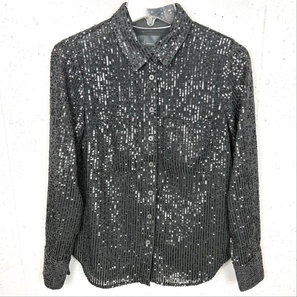 Anthropologie Sequin Button Down Shirt Collared Long Sleeve Slate Grey Small - Picture 2 of 12